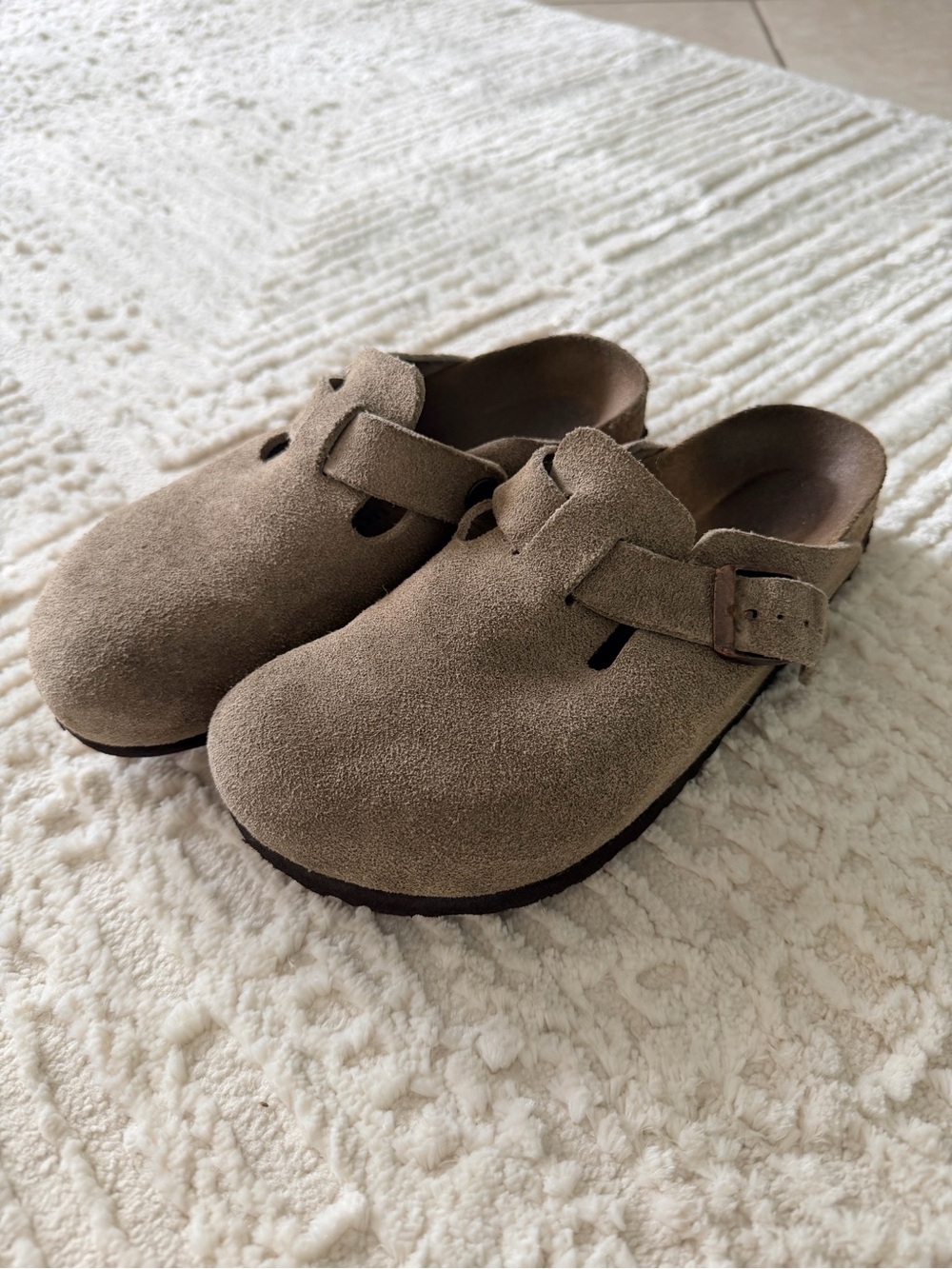Kids Suede Slip-On Clogs in Taupe with Adjustable Strap